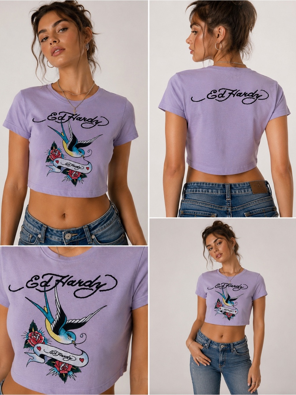 Ed Hardy Lavender Cropped Graphic Tee Swallow Bird Tattoo Y2K Women’s XL